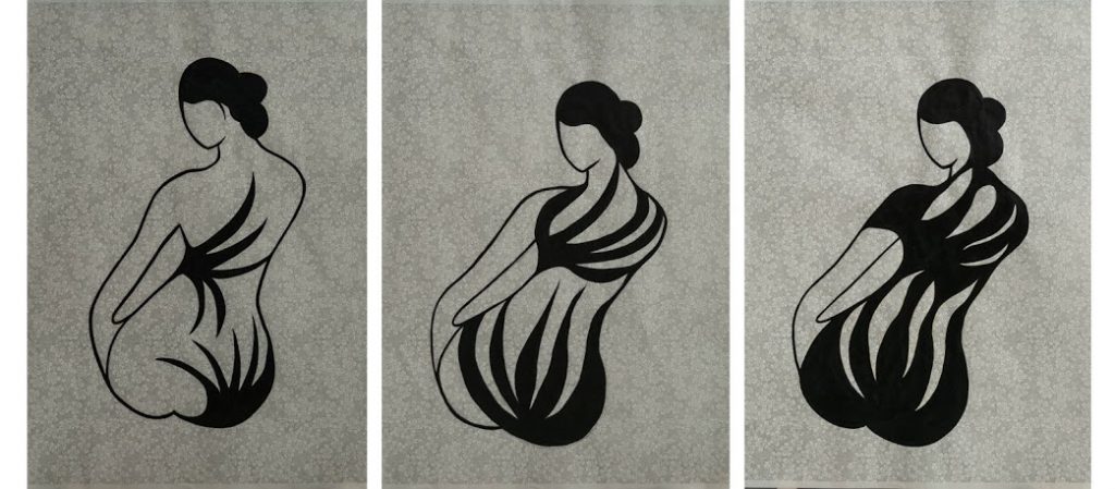 At last, 3 geishas with the wild tatoo, acrylic paintings on Japanese paper