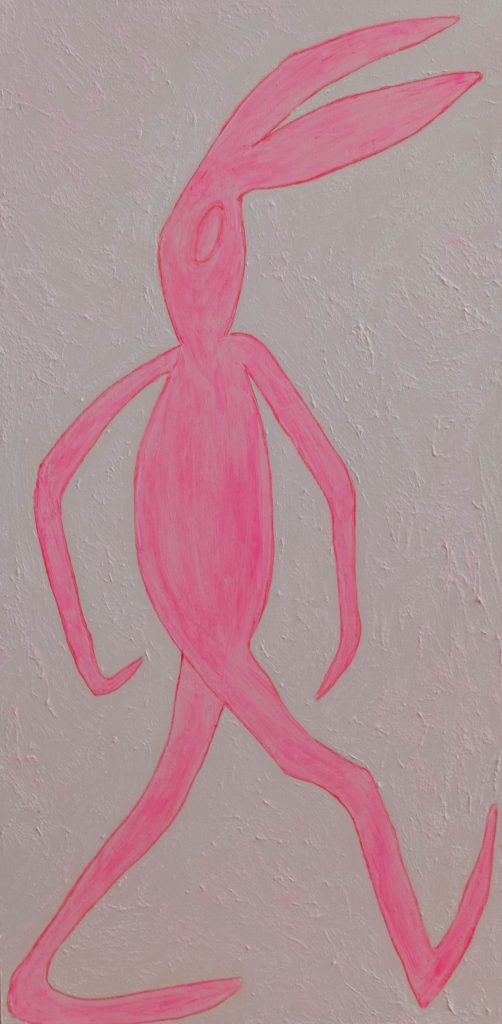 Pink rabbit, backward looking, mixed media
