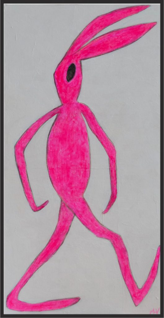 Pink rabbit, backward looking, mixed media