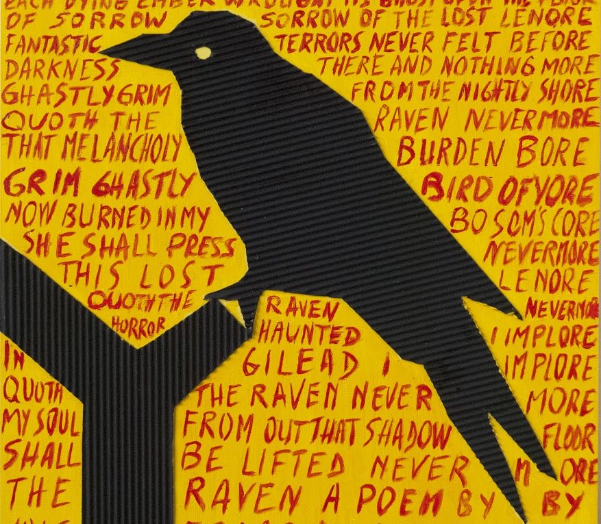 The raven, mixed media painting. Words from Edgar Allan Poe's poem and raven