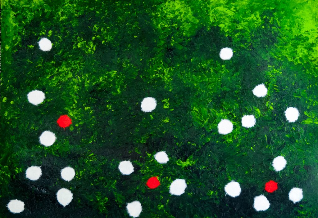 3 small red roses, mixed media painting